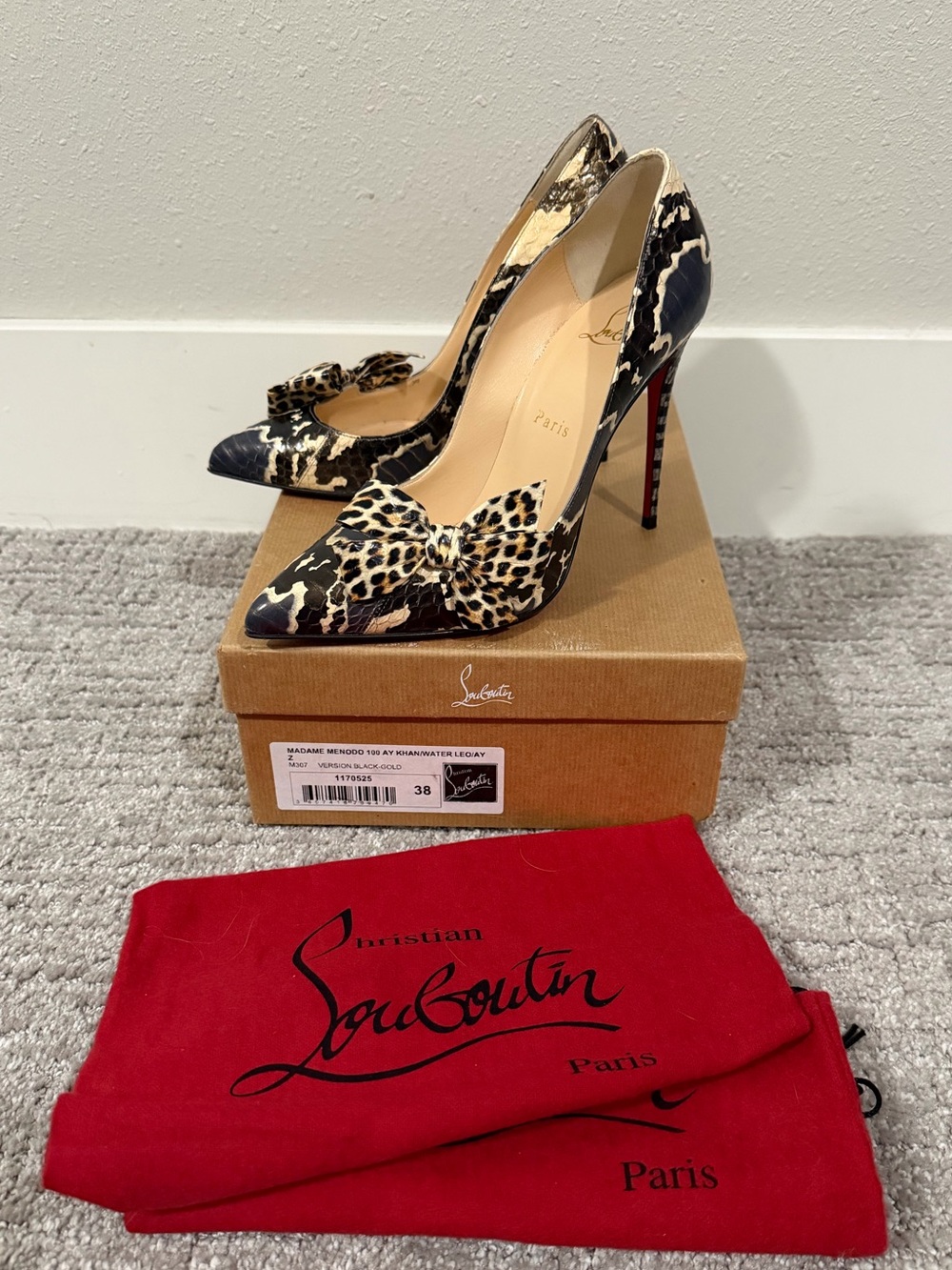 Louboutin Madame Menodo 100mm Ayers Watersnake and Leopard pumps, size 38
